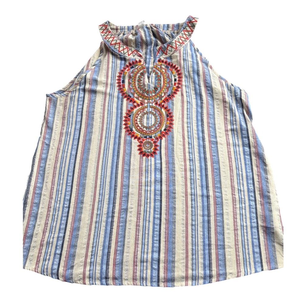 L Love Womens Embroidered Halter Tank Top Blue Red Striped Boho Cotton LV23093 L